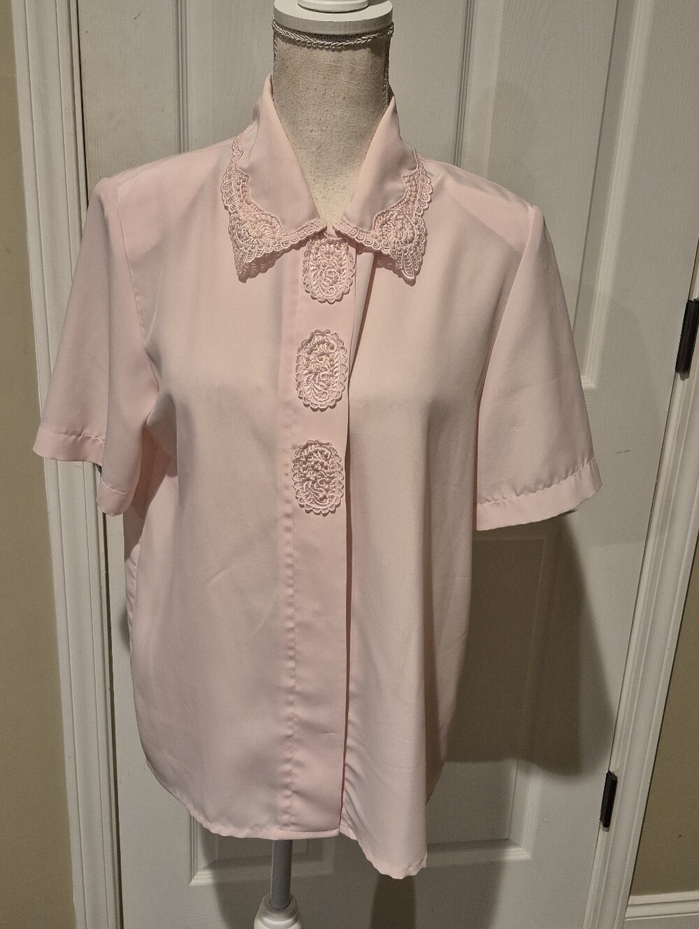 Vintage Classic Lace Collar Short-Sleeve Blouse - Pink